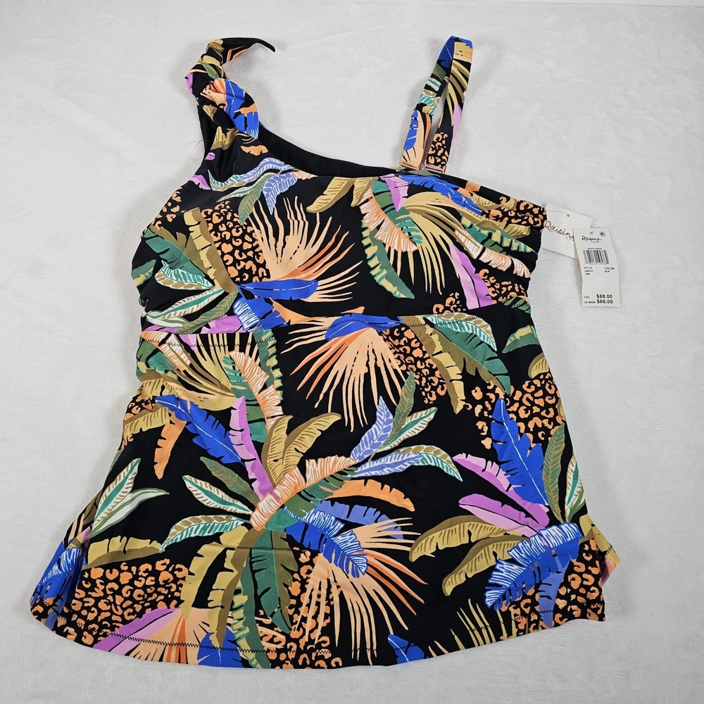 Raisins Curve Marita Tankini Top Women Tropical Palm Leopard Print Black 18W NEW